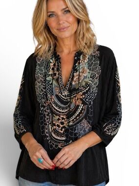 Johnny Was heavily embroidered Bassett Silk Blouse NWT